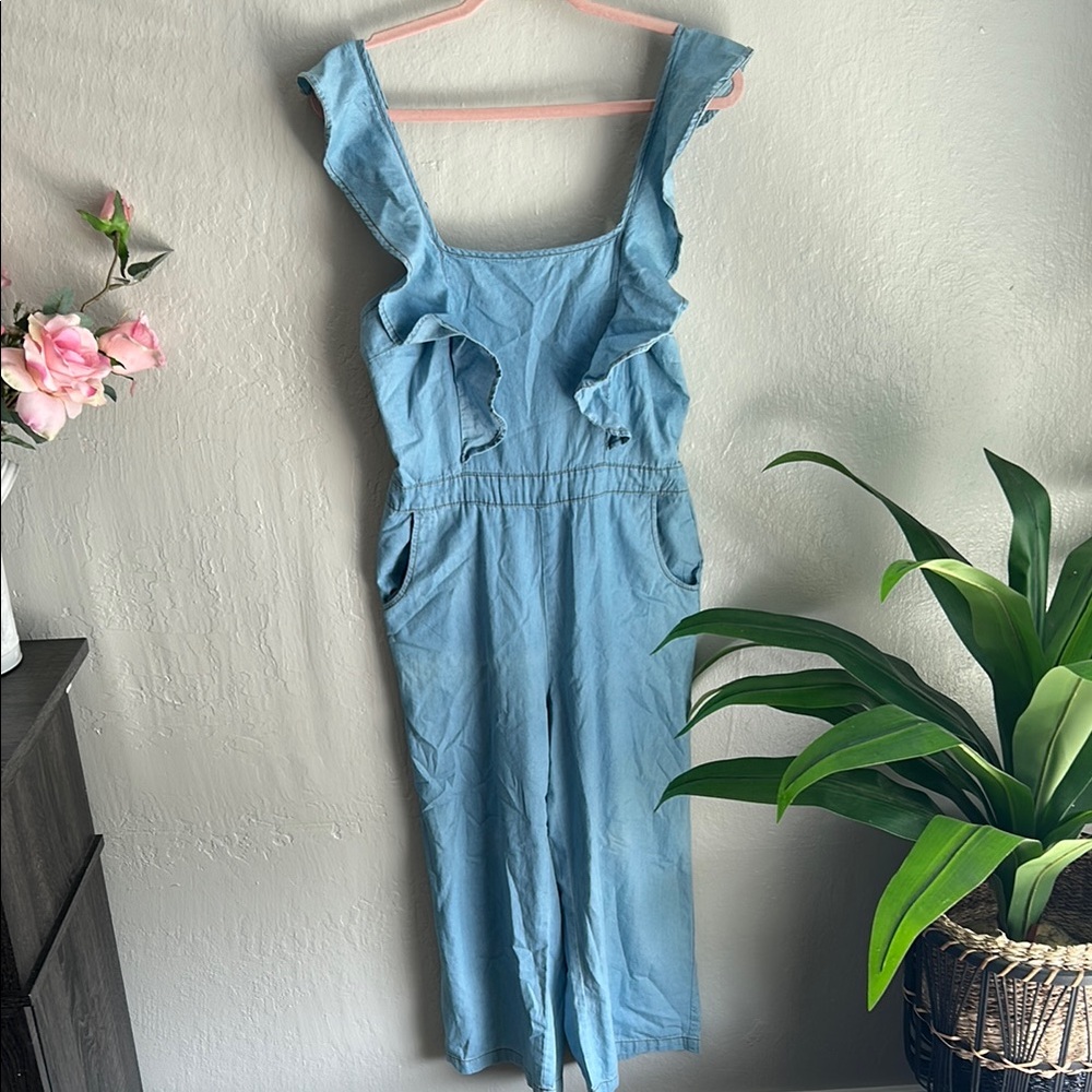 Light denim cropped  Ruffled Jumpsuit